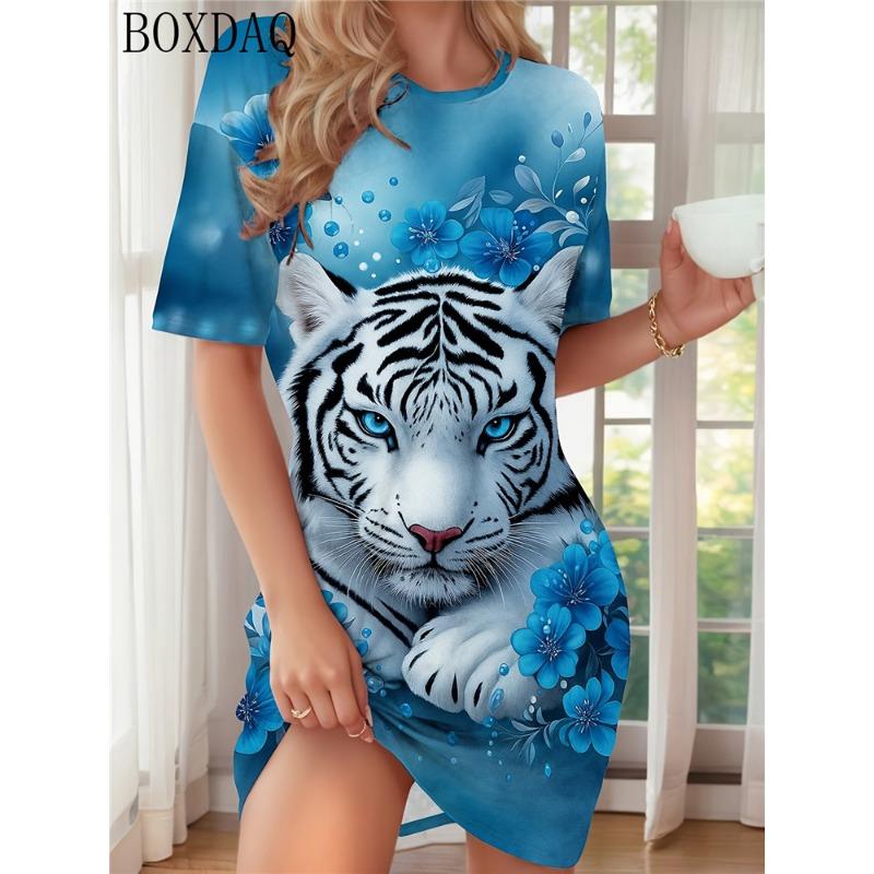Summer Women's Dresses Casual Short Sleeve Round Neck Tiger Pattern Printed Loose Dress