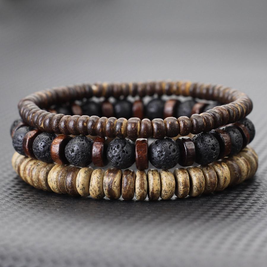 3Pcs Coconut Husk Wooden Bracelet Homme Turquoises Lava Tiger Eyes Strand Braclet Meditation Healing Braslet Accessories Hombre