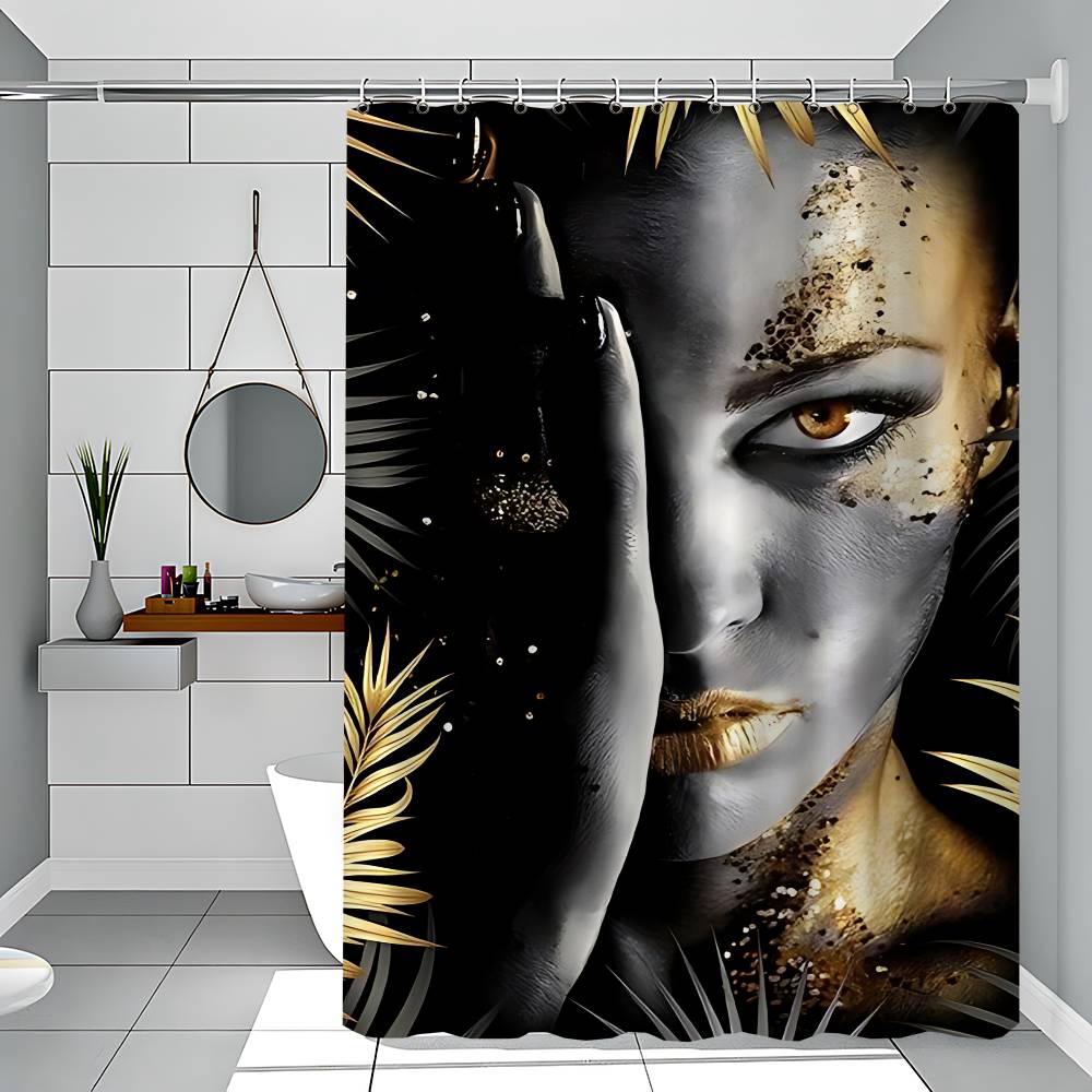 African Art Black And Gold Woman Oil Waterproof Polyester Shower Curtain Waterproof Bathroom Curtain Liners With 12 Hooks