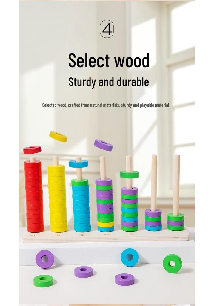 Wooden Montessori Rainbow Ring Stacking Tower - Number Calculation Educational Toy for Kindergarten