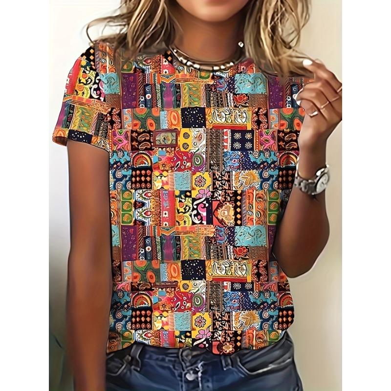 

Vibrant Patchwork Women s Tee - Boho Mixed Pattern Graphic, Colorful Ethnic Print Design for Casual Daily Wear S