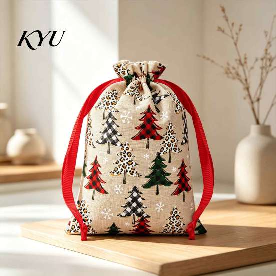 Small Fabric Gift Bags Christmas Tree Print Drawstring Bags, Faux Linen Xmas Treat Bag, Decorative Packaging Reusable Holiday Candy & Apple