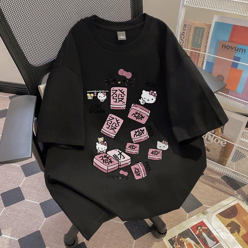 Summer Hello Kitty Mahjong Fortune Theme Cotton Printed Tshirt Adult Children Parentchild Top