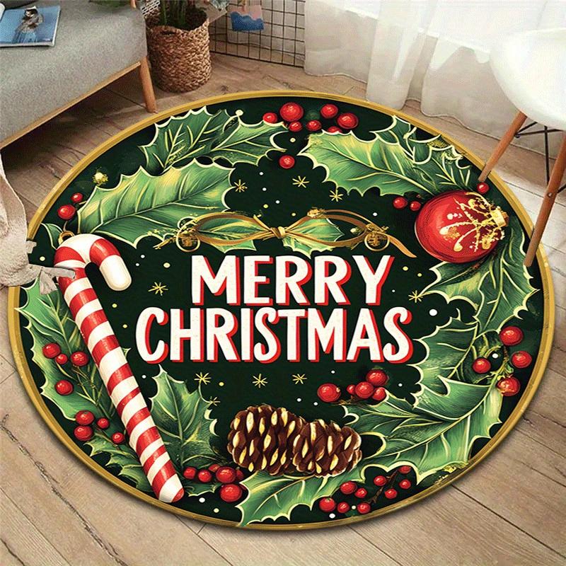 

1pc Soft, Absorbent & Non-Slip Merry Christmas and Holly Berries Round Rug, Perfect for Entryway, Living Room, Bedroom Decor, Machine Washab 80cm by 80cm