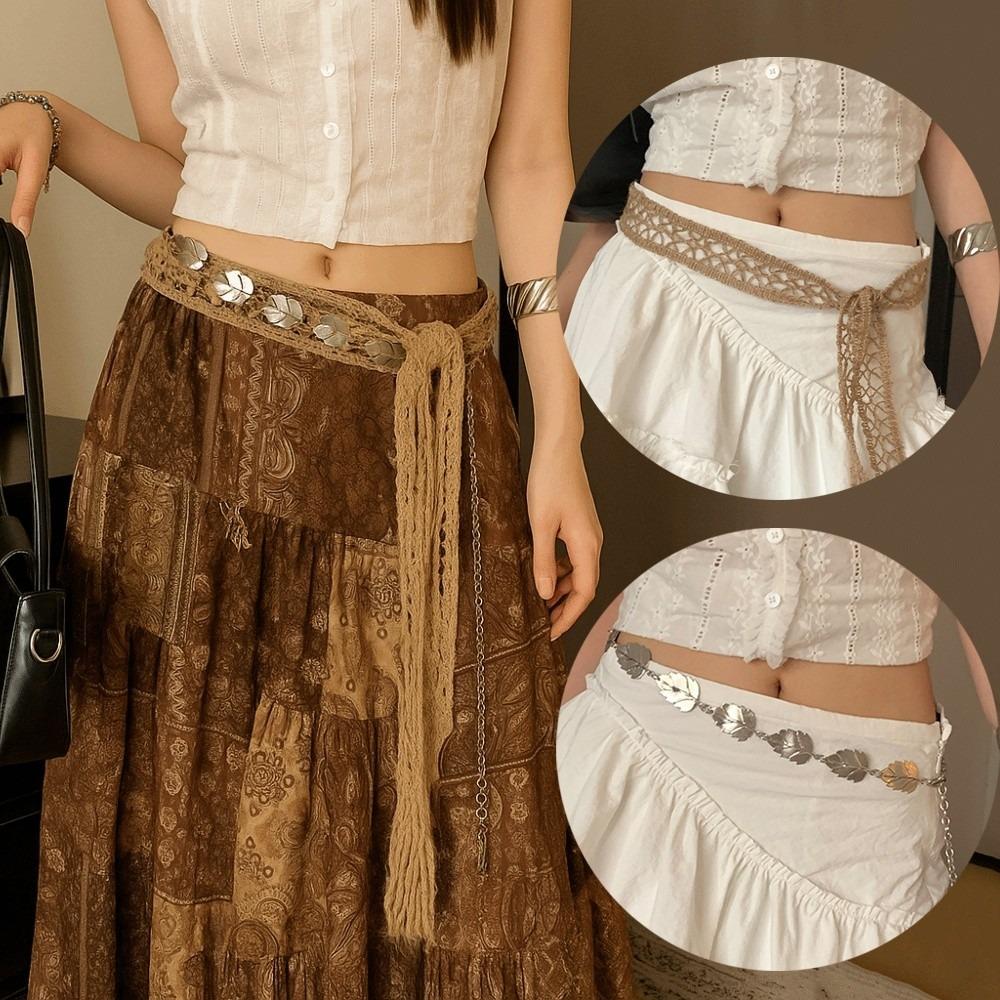 Thin Bohemian Style Waistband Long Silver Leaves Waist Chain  Dress Jeans