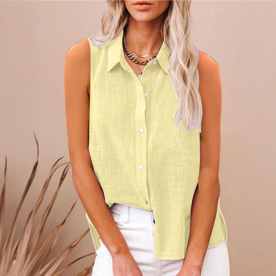 Women Shirt Lapel Sleeveless Button Down Shirt Pure Color Loose Fit