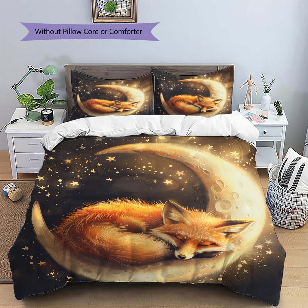 Fox and Moon Pattern Bedding Home Decoration Birthday Gift (1 * duvet cover + 2 * pillowcase, without core)