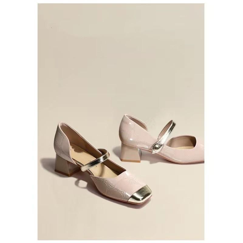 Romantic Single Shoes Women Square Head Chunky Heeled High Heels Pink Mary Jane Shoes Middle Heeled Shoes