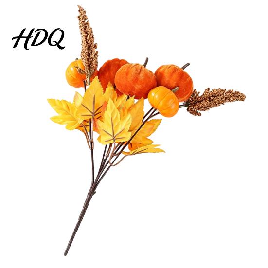 Orange Yellow Maple Leaves Autumn Flower Bouquet Artificial Fall Floral Picks with Pumpkins Rustic Decoration Berries Pine Cones for Thanksgiving
