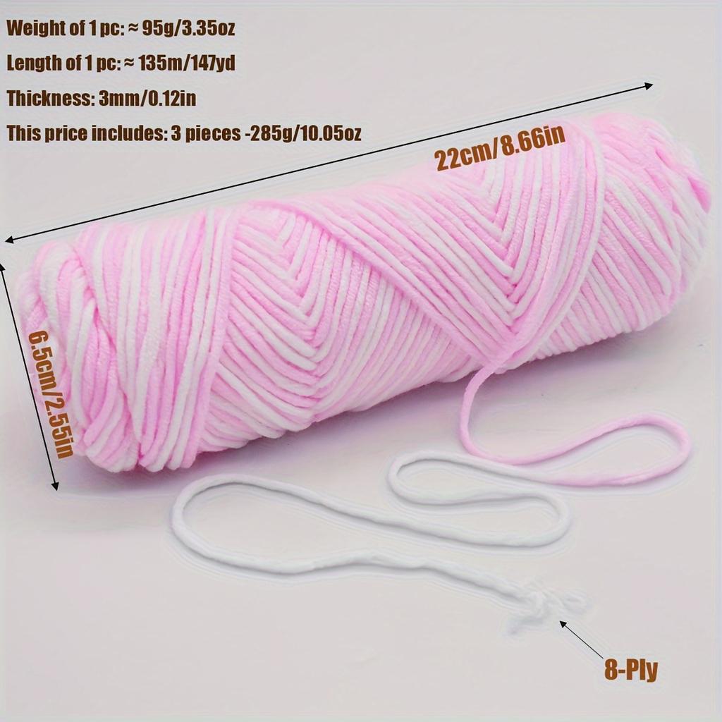 Vibrant 3pcs Yarn Bundle Soft & Thick 8-Strand Acrylic for DIY Knitting and Crochet, Ideal for Hats, 10.05oz Total