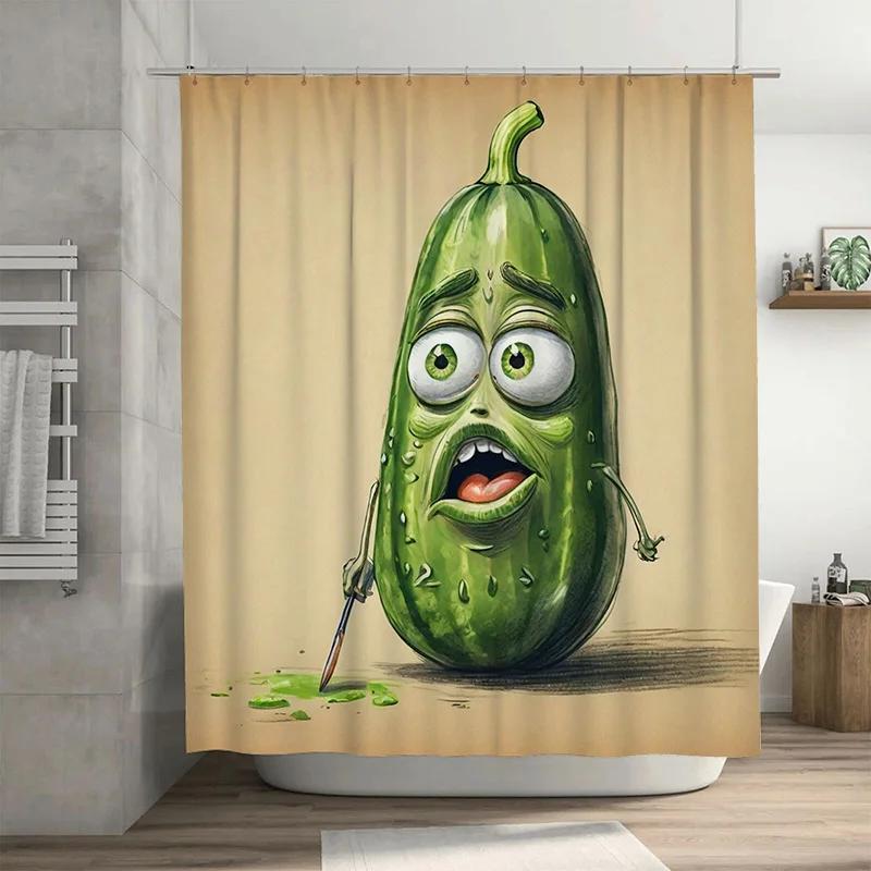 

Artistic Green Pickle Shower Curtain with Painting Brush for Bathroom Decor Yellow Backdrop Waterproof Fabric Home Accessory W90XH180cm