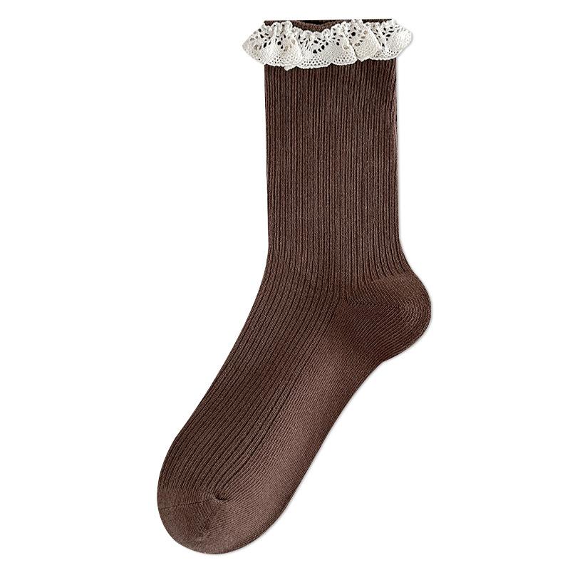 

Хлопковые носки с кружевной отделкой универсальны и милы для девочек. Носки до середины икры с маленькими кожаными балетками 1 pair кофейный