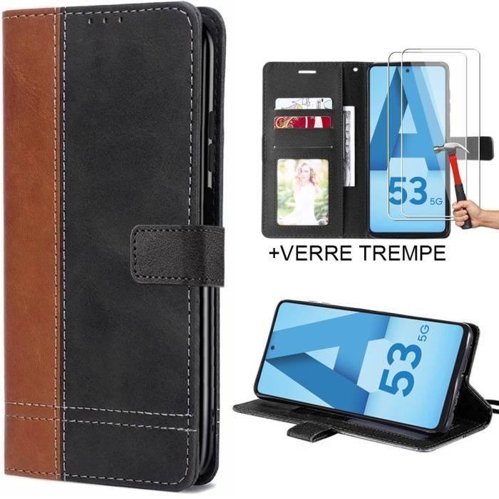 Coque pour Samsung Galaxy A53 5G - Coque Marron Effet Cuir et 2 Verres Trempés