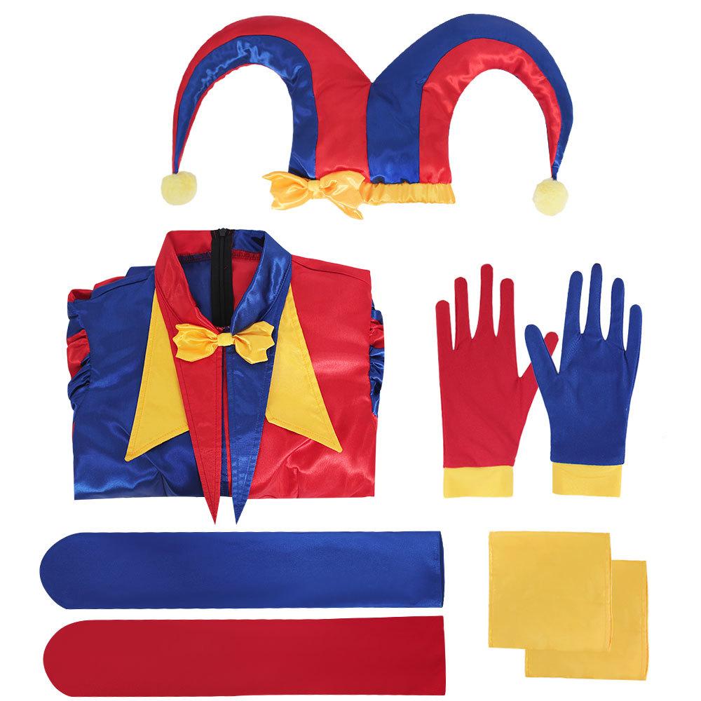 Costume Cosplay Clown pour Femme Adulte Costume de Bouffon Combinaison Bleue Rouge et Chapeau avec Gants Chaussettes Costumes de Fête de Noël Halloween XXL