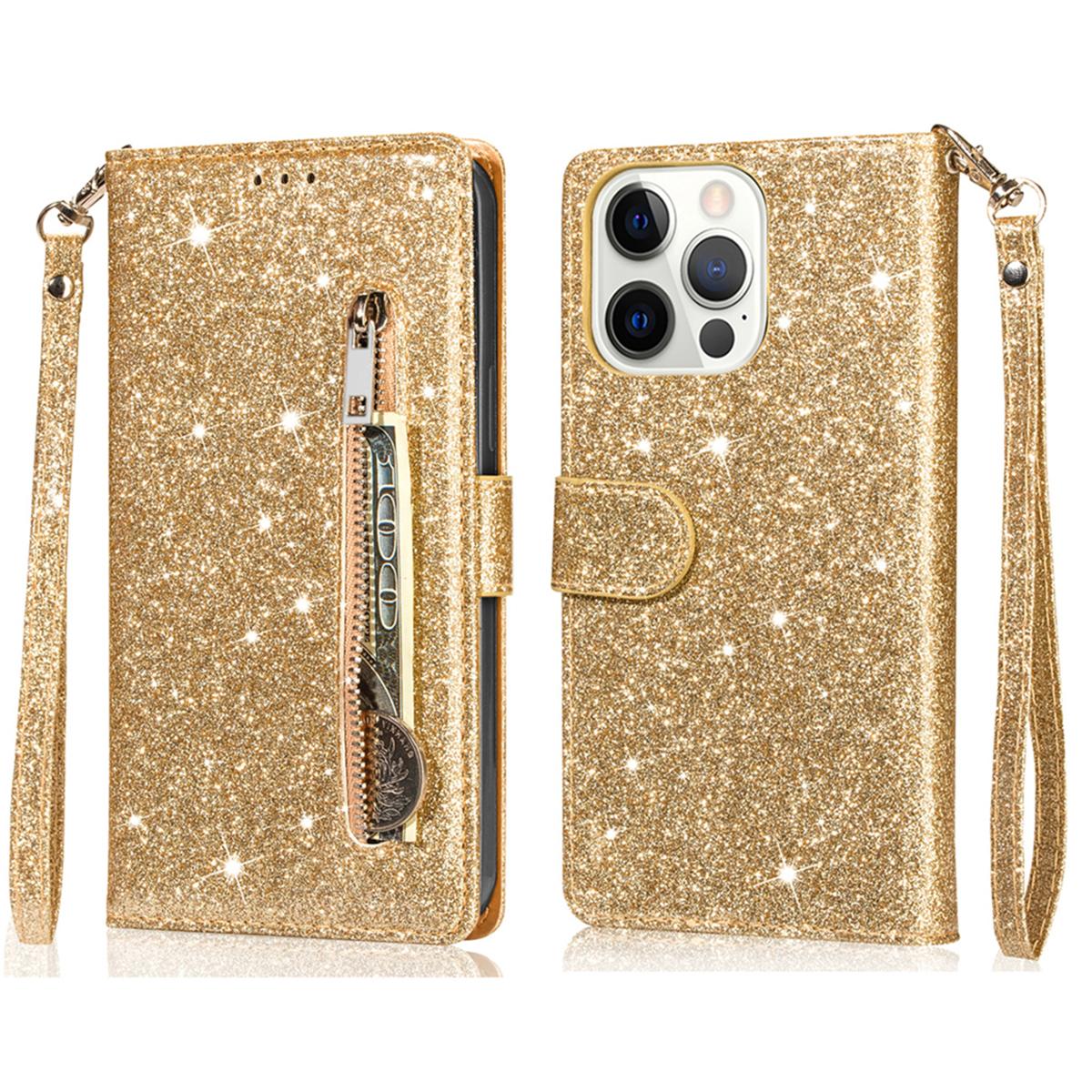 

For iPhone 16 Pro Stand Case Glitter Phone Leather Cover Zipper Pocket Gold