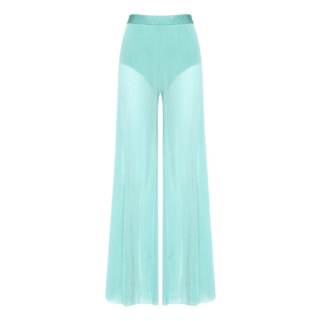Womens Lyrical Dance Pants Rhinestone Waist Shimmering Mesh Legs Built In Briefs Modern Costume