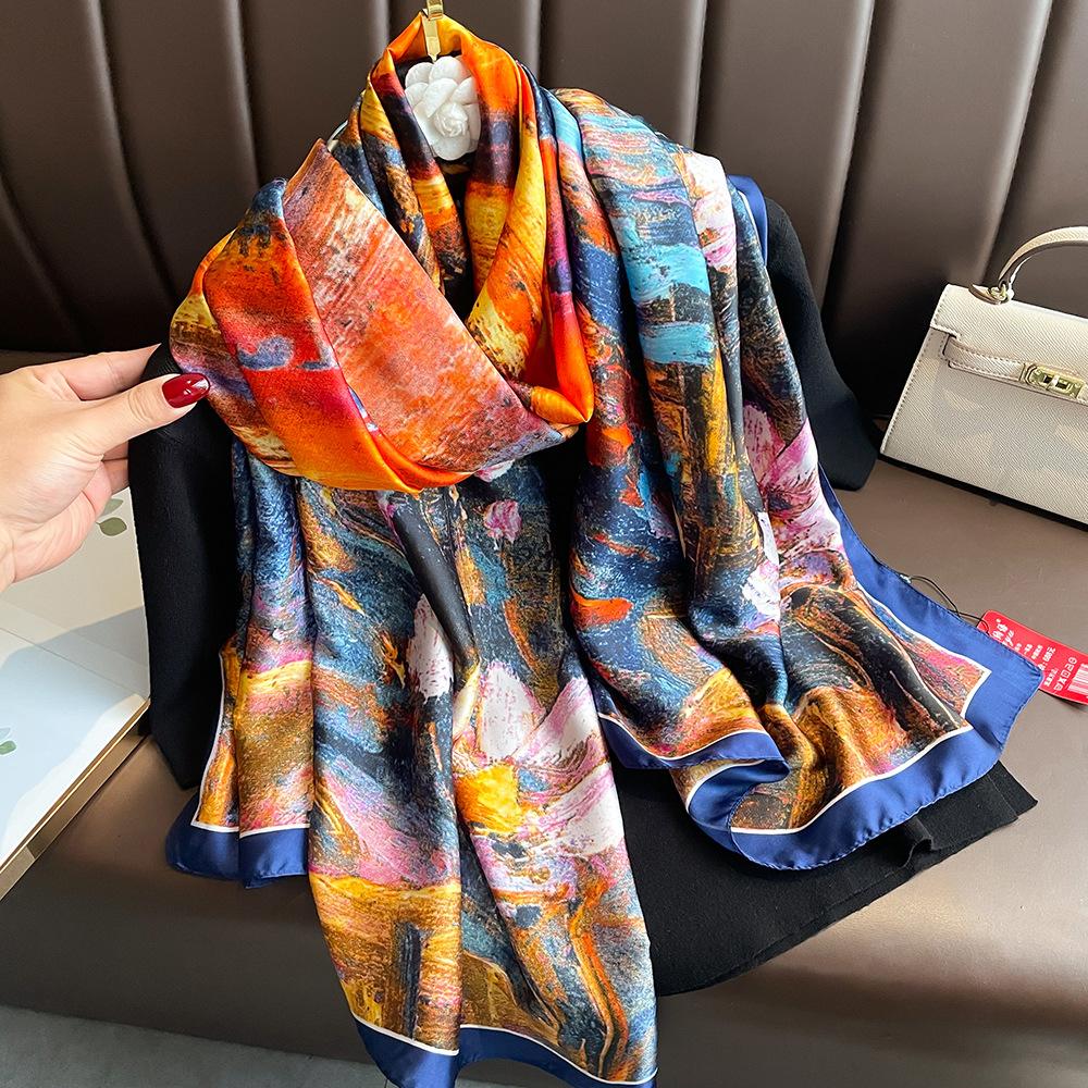 New silk scarf new silk satin printed shawl holiday fashion sunscreen long section simulation silk scarf