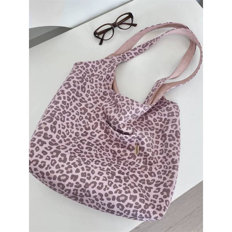Vintage Leopard Print Faux Suede Shoulder Bag With Interior Card Pocket For Daily Use
