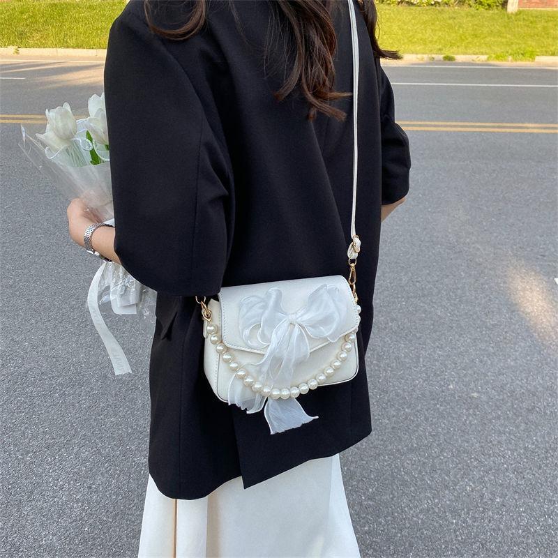 Fashi Lace Bow Single Shoulder Handbag, Korean Fairy Gentle Style Pearl Crossbody Bags, Versatile for Commuting and Banquets