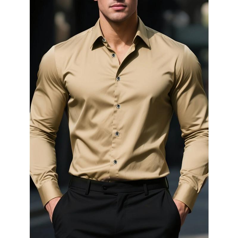 New Men Shirt Brand New Solid Color Long Sleeve Elastic Fabric Men's Multiple Colors Male Quality Basic Shirt
