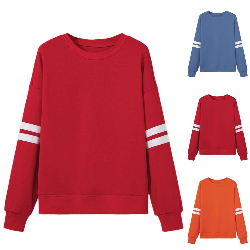 Women's Fashionable Round Neck Long Sleeved Sports Casual Color Blocked Pullover Sweater Sweatshirt Top