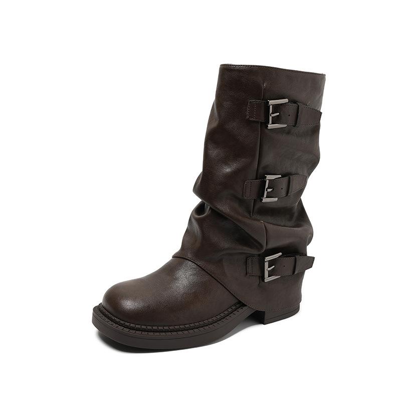 Thick-soled Belt Buckle Knight Boots Children 2025 New Versatile Mopping Boots Pleated Stacking Boots Medium and Long Tube Pants Tube Boots