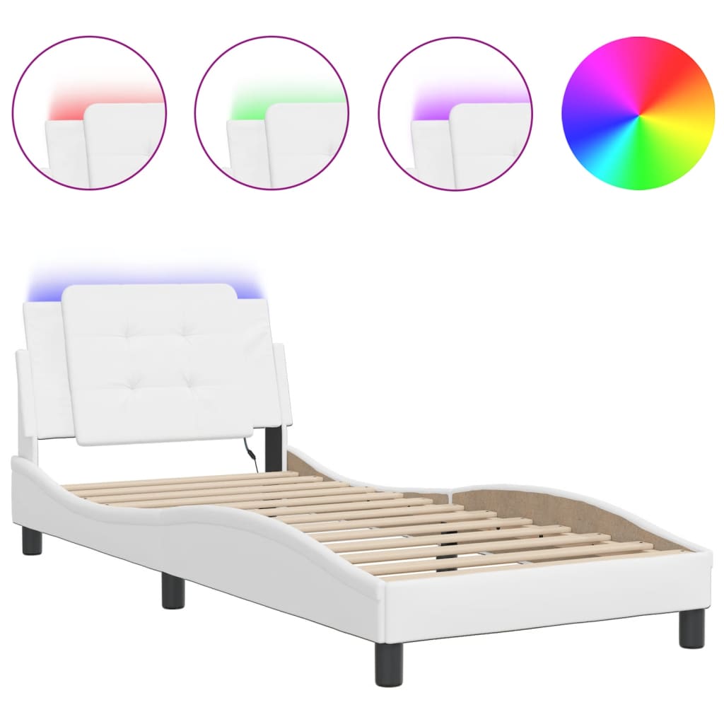 Vidaxl Bed Frame With LED, White, 90X200 Cm, Faux Leather
