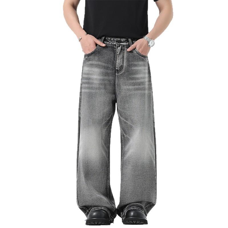 American vib high street washed jeans men's trendy brand loose retro straight wide-leg soot denim trousers men's