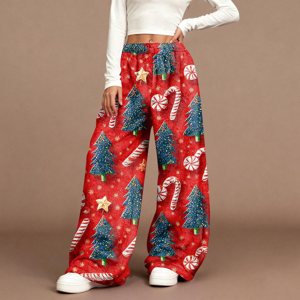 Women's Casual Fashion Christmas Print Elastic Waist Loose Plush Wide Leg Pants