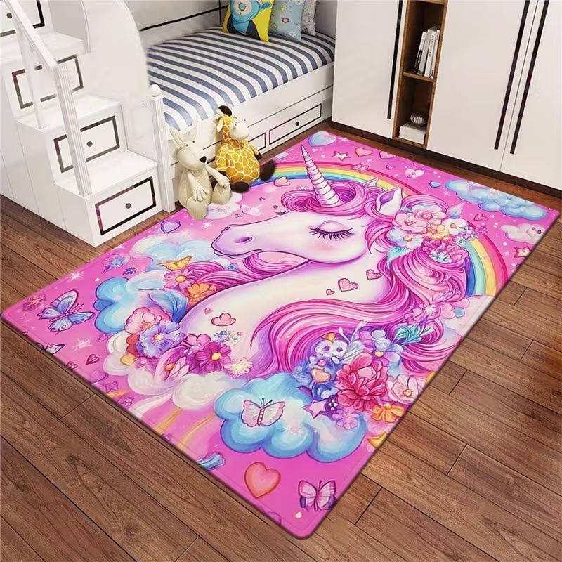 1pc Whimsy Woods Unicorn Area carpet, Cartoon Fantasy Horse Mat for Bedroom, Living Room Entryway - Machine Washable Decor Rugs