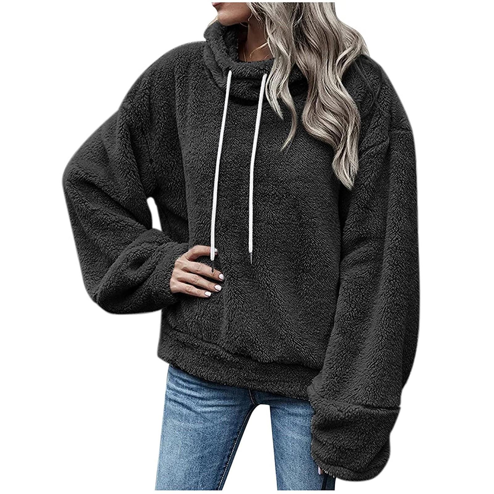 

Женская мода для отдыха, однотонный пуловер с длинными рукавами и плюшевым пальто на шнурке, верх XXL чёрный