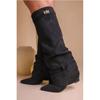 Damen Weiße Kunstwildleder Stapel Kniehohe Stiefel Spitze Faltschnalle Blockabsatz Street Fashion Stiefel