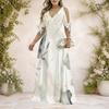 Women Plus Size V Neck Cold Shoulder Tie Short Sleeve Abstract Printed A Line Long Maxi Dress