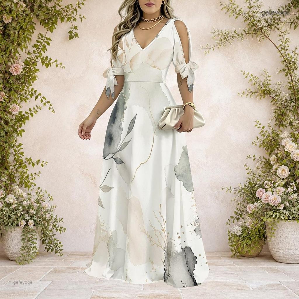 Women Plus Size V Neck Cold Shoulder Tie Short Sleeve Abstract Printed A Line Long Maxi Dress