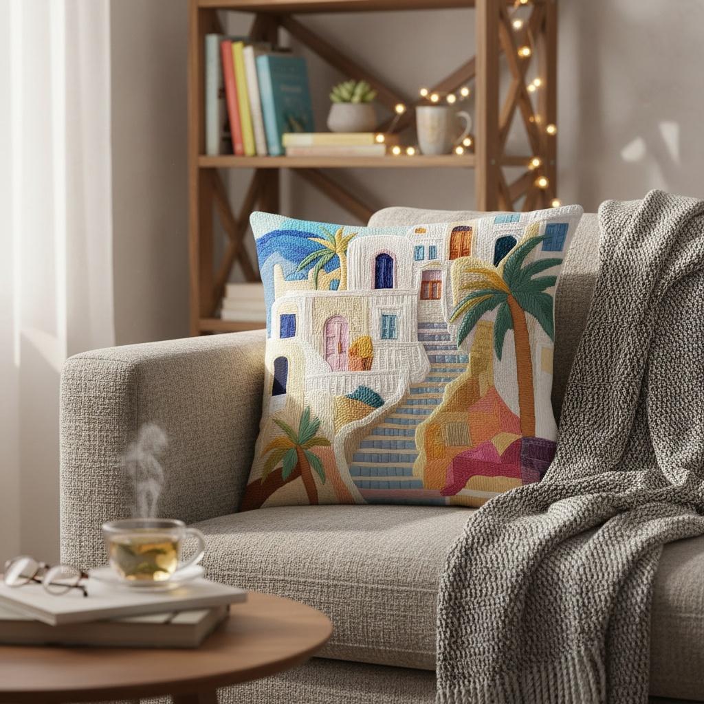 Santorini Greek Island Pillow Cover 2D Faux Embroidery Print Cushion Case Mediterranean Beach Home Decor Gift