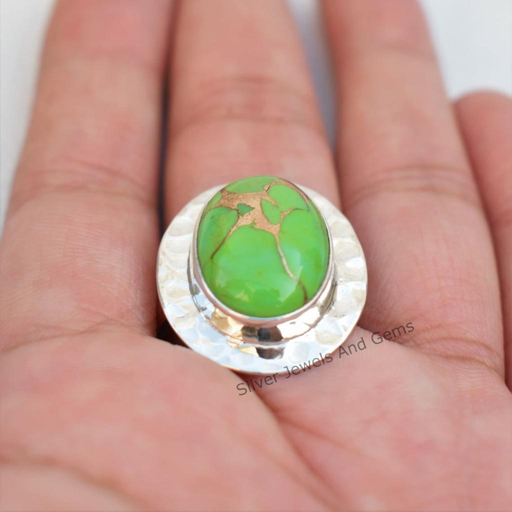 Hammered 925 Sterling Silver Green Turquoise Ring, Oval Copper Turquoise Hammered Ring