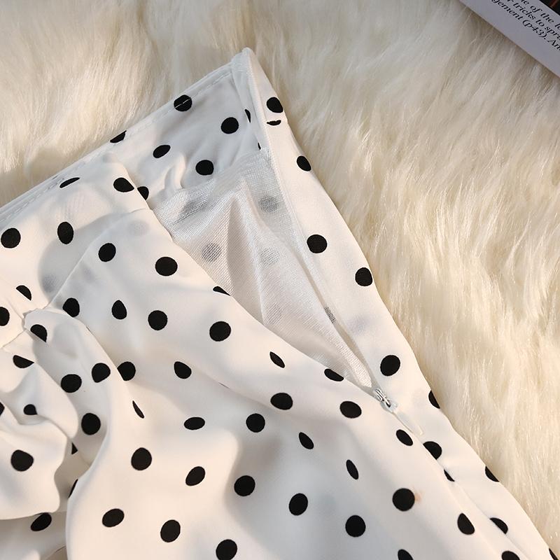 Sexy Vintage Pokal Dot Print Trumpet Midi Skirt Women Back Elastic Band Side Split Ruffles Long Black Skirts