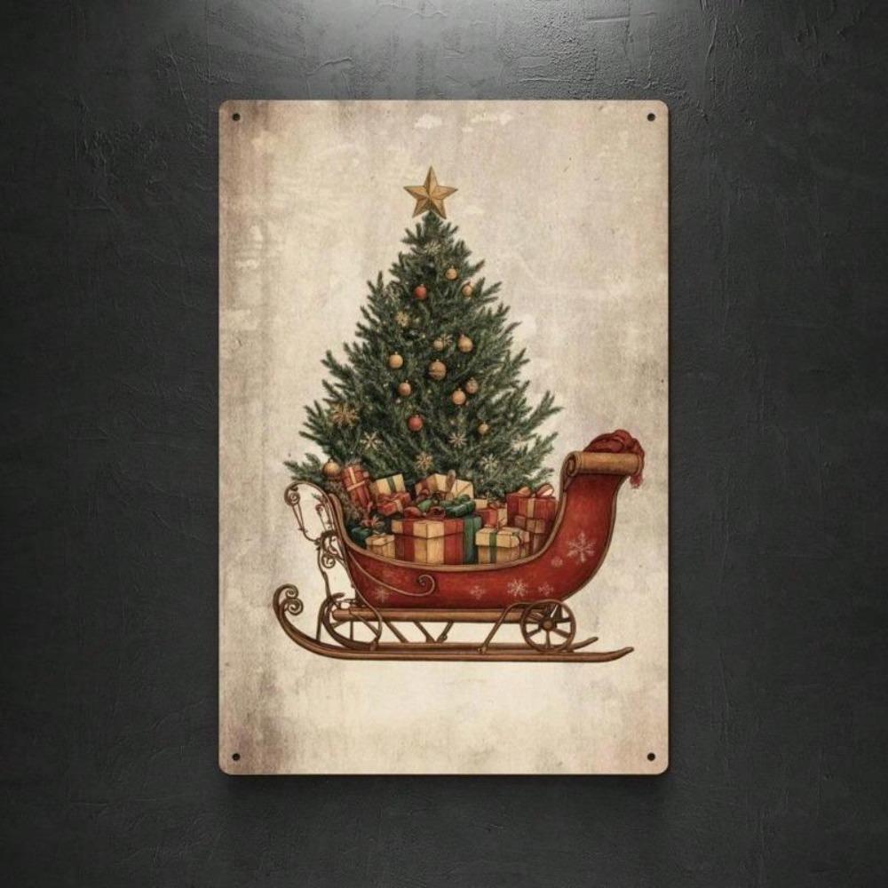Vintage Santa Sleigh Metal Tin Sign 12x8 Inch Christmas Wall Art Home Decor