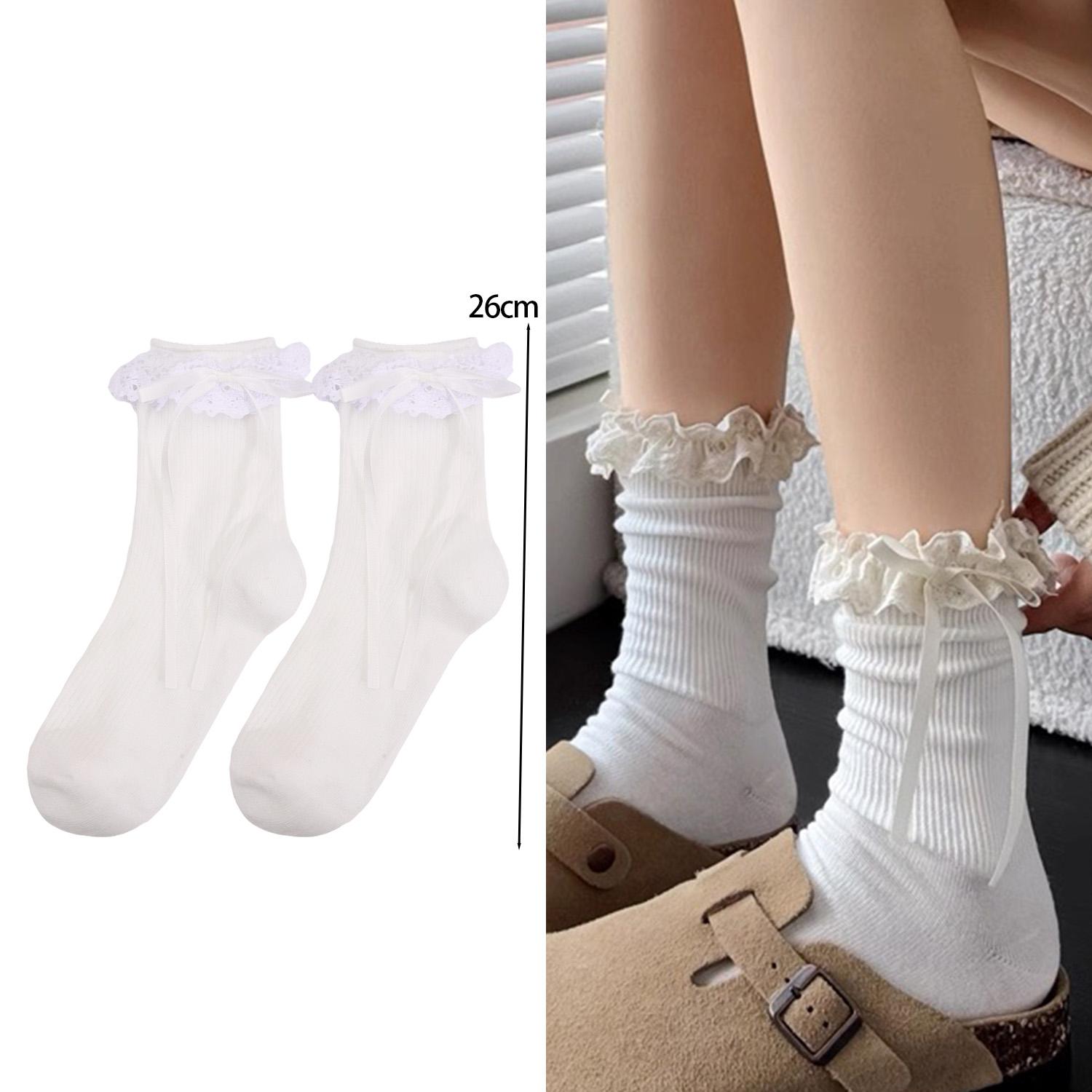 White Lace Ribbon Mid Tube Socks Sweet Women s Calf Sock Lace Sock Butterfly Knot Socks Pure Cotton Lolita Versatile Socks белый