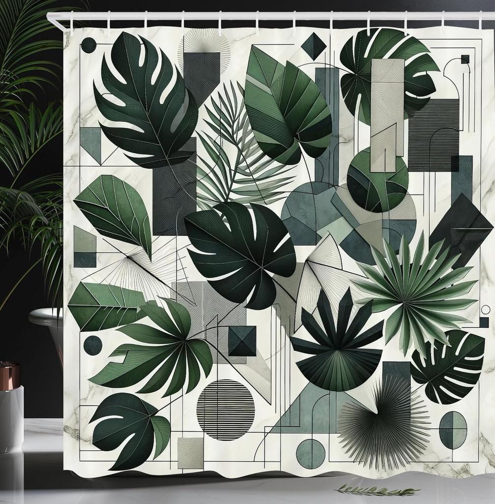 Sage Green Shower Curtain, Hexagon Honeycomb Pattern with Abstract Trippy Ornaments Jade Tones, Cloth Fabric Bathroom Decor Set