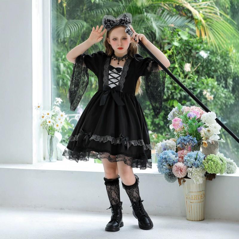 Halloween Witch Costume Girls Lace Dress With Headpiece Necklace Socks Cane Cosplay Outfit Party Performance