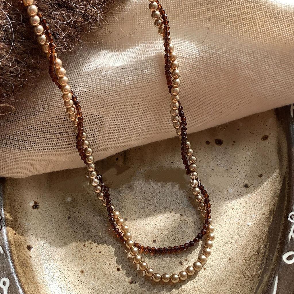 Retro Brown Pearl Double Layer Necklace for Women Girls Light Luxury Design Stacking Pendant Necklaces Party Jewelry Accessories