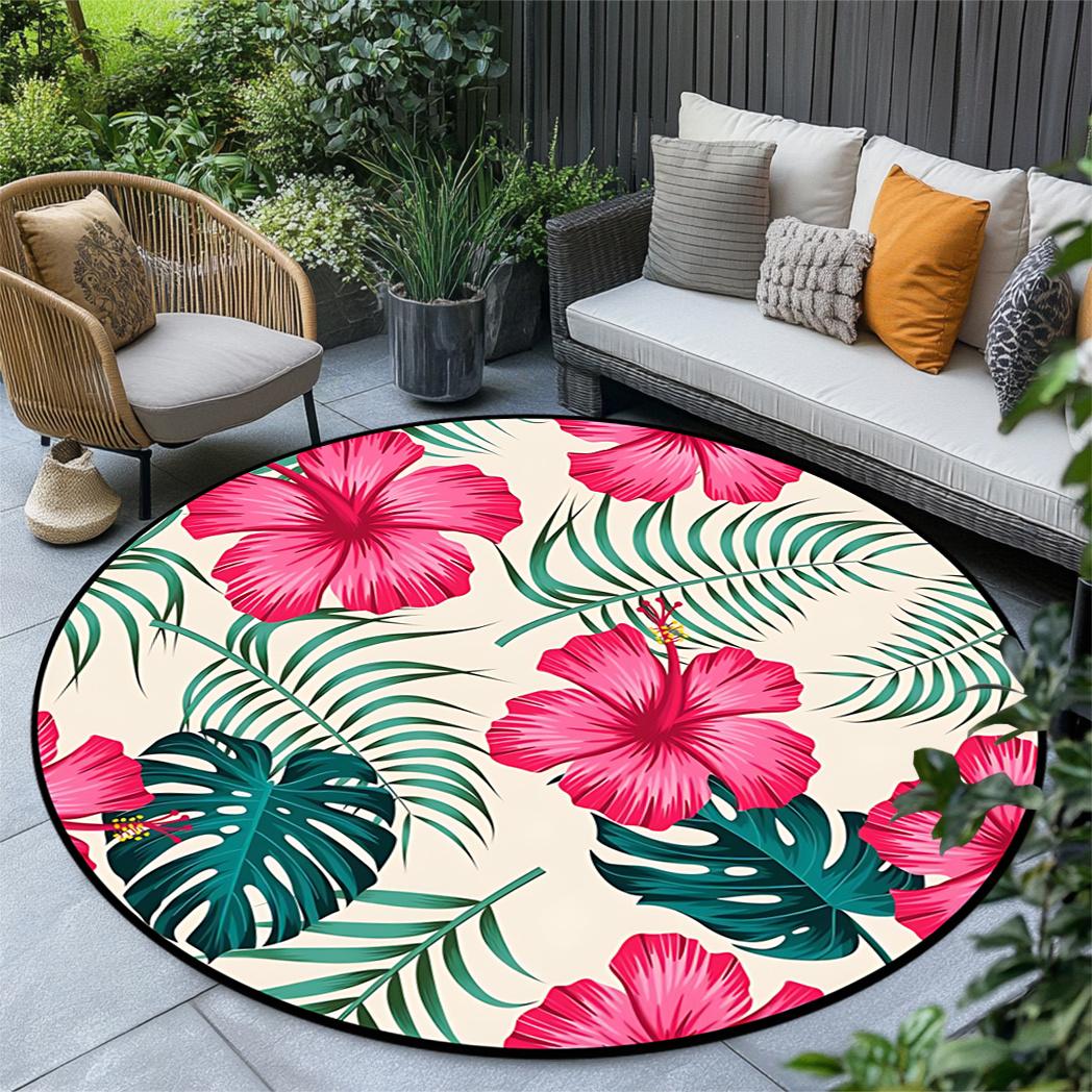 

1pc round tropical floral rug, polyester, washable, fade-resistant, machine-made, perfect for living room, dining room, bedroom 100x100cm