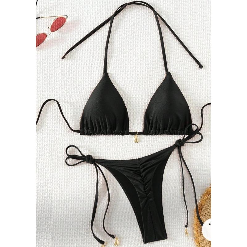 Sexy Pure Color Bikini Set with Strap Ne Hanging Pad Metal Bule Two-Piece Swimsuit Triangular Design Polyester Nylon Mate...