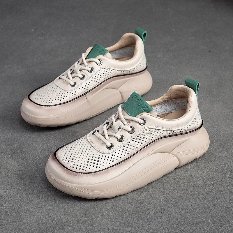 Fashion GKTINOO Hollow Sandals Women Sneakers Genuine Leather Shoes Thick-soled 2025 New Handmade Comfortable Retro Platform Sneakers