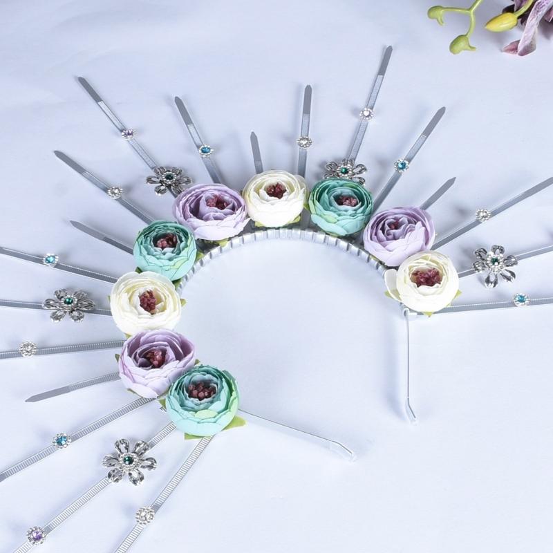 Elegant Rose Flower Hair Hoop Adjustable Size Sunbursts Headband with Rhinestones Comfortable Hairband Party Ornament