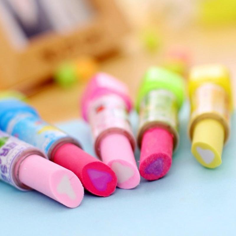 3Pcs Fashion Cute Lipstick Eraser Students Eraser Rubber Stationery Kid Gift Toy Color Random