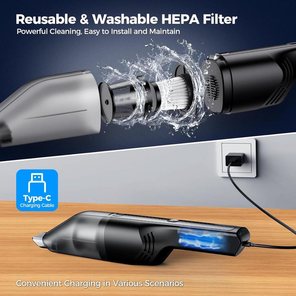 Handheld Vacuum Cordless -Car Vacuum Portable Cordless Cleaner with 11000Pa Powerful Suction,1.2lbs Lightweight, Type-C Charge, Multiple Accessories,