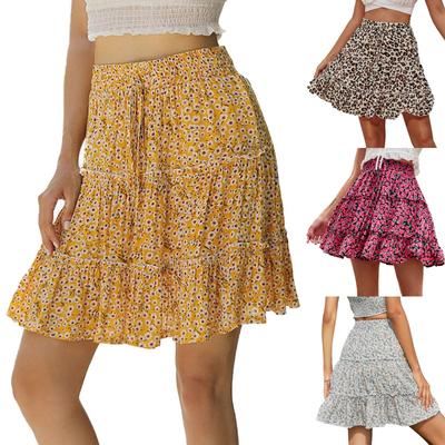 Women's High Waist Ruffle Floral Half Skirt Printed Beach A-line Short Skirt