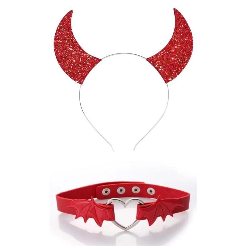 Gothic Dark Glitter Girls Choker Collar Rose Devil Wing Headband Set Gothic Bat Wing Versatile Choker